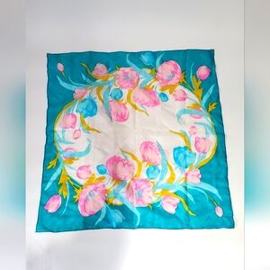 Vintage Silk Tulip Scarf Floral Blue Pink Fairy Cottage Coquette 1960s